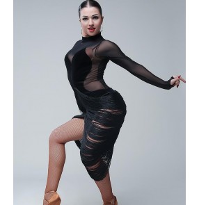 Black velvet tulle patchwork tutle neck long sleeves tassels sexy fashion back split women's professional competition latin salsa ballroom dance dresses outfits for ladies